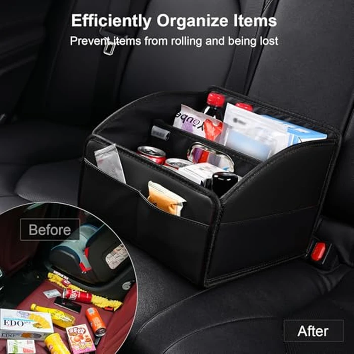 Uplien Car Storage Organizer [2025 UPDATED] Leather Car Caddy Basket for Front Seat Floor Back Seats Metal Handle 6 Compartments Adjustable Strap Buckles Slip-Resistant (Black) by Uplien - Image 5