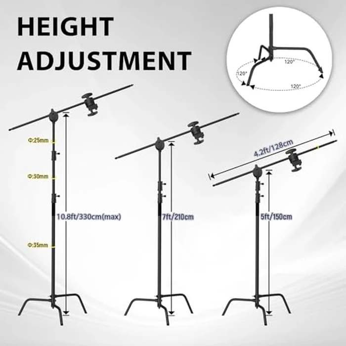SH C Stand with Boom Arm, Heavy Duty Photography Light Stand, 10.8ft/330cm Stainless Steel C-Stand Kit with Sandbag, 4.2ft/128cm Boom for Studio Softbox and Reflector,Black by SH - Image 3