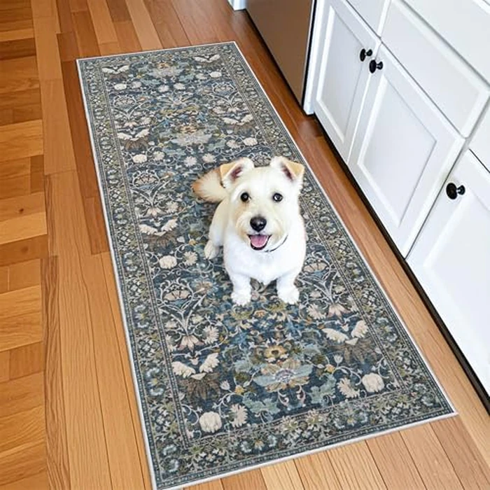 Washable Vintage 2x6 Bathroom Rugs: Soft Carpet with Non-Slip Backing for Hallway Entryway Kitchen Stain-Resistant Bedroom Floor Mat - Gifts for Newlyweds/Household Home Decor (2x6,Floral/Blue) by HY HAO YUN LAI - Used - Very Good condition