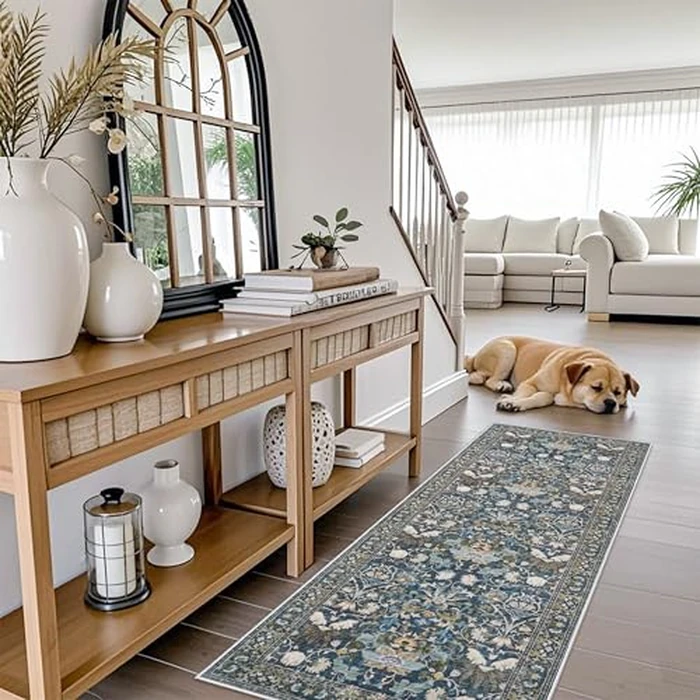 Washable Vintage 2x6 Bathroom Rugs: Soft Carpet with Non-Slip Backing for Hallway Entryway Kitchen Stain-Resistant Bedroom Floor Mat - Gifts for Newlyweds/Household Home Decor (2x6,Floral/Blue) by HY HAO YUN LAI - Image 2