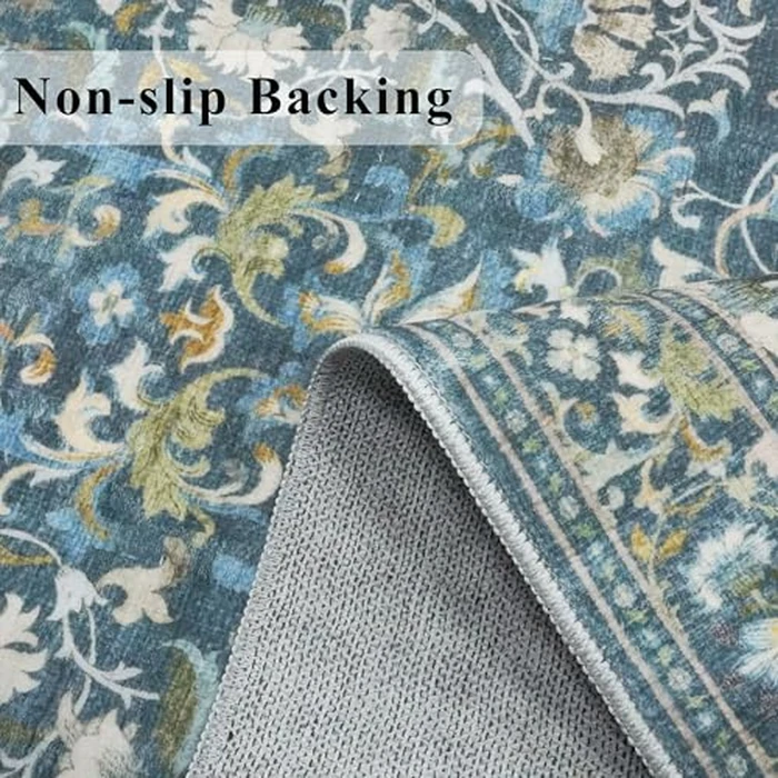 Washable Vintage 2x6 Bathroom Rugs: Soft Carpet with Non-Slip Backing for Hallway Entryway Kitchen Stain-Resistant Bedroom Floor Mat - Gifts for Newlyweds/Household Home Decor (2x6,Floral/Blue) by HY HAO YUN LAI - Image 4