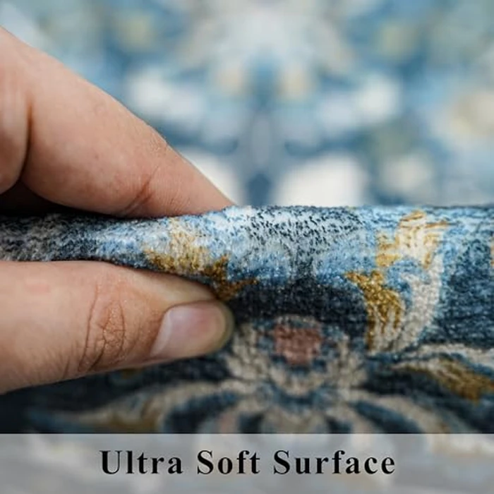 Washable Vintage 2x6 Bathroom Rugs: Soft Carpet with Non-Slip Backing for Hallway Entryway Kitchen Stain-Resistant Bedroom Floor Mat - Gifts for Newlyweds/Household Home Decor (2x6,Floral/Blue) by HY HAO YUN LAI - Image 6