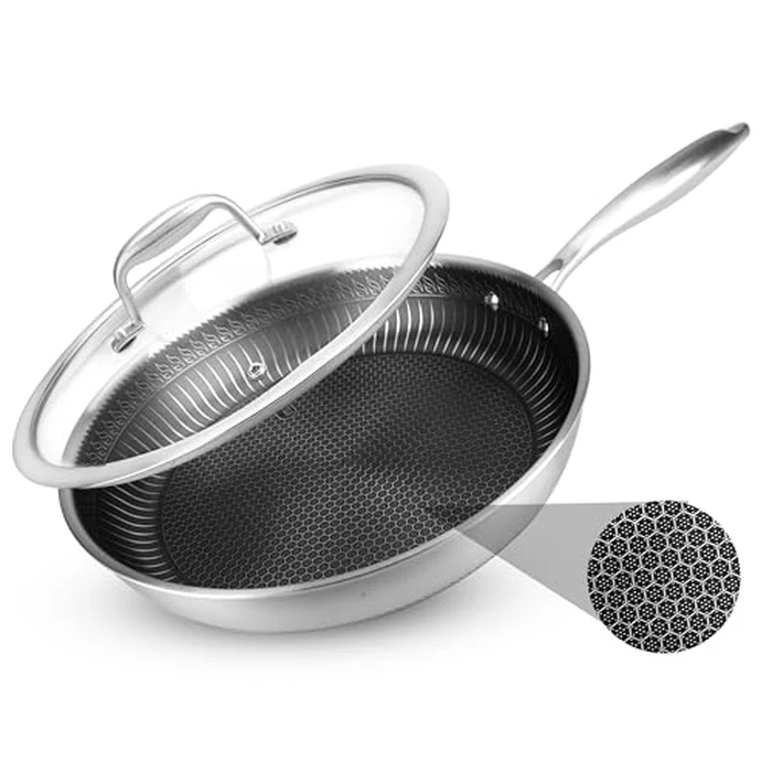 NutriChef 12" Stainless Steel Frying Pan - Triply Kitchenware Stir Fry Pan Kitchen Cookware w/Dakin Etching Non-Stick Coating, Scratch-Resistant Raised-up Honeycomb Fire Textured Pattern by Nutrichef - Used - Like New condition