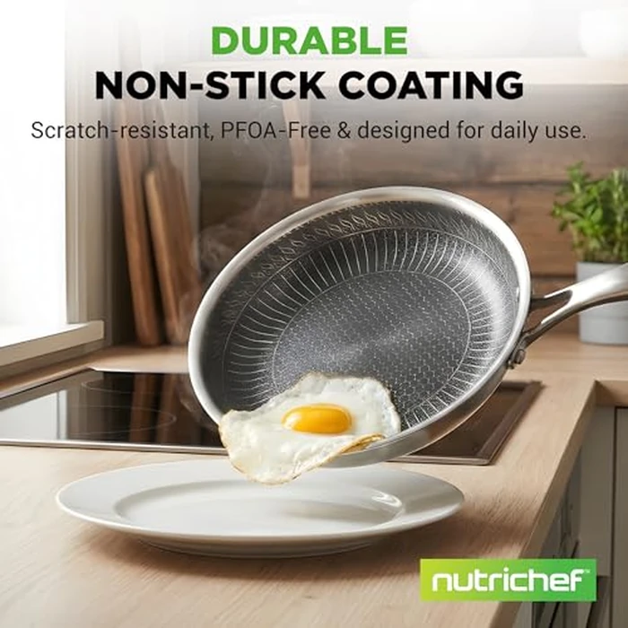 NutriChef 12" Stainless Steel Frying Pan - Triply Kitchenware Stir Fry Pan Kitchen Cookware w/Dakin Etching Non-Stick Coating, Scratch-Resistant Raised-up Honeycomb Fire Textured Pattern by Nutrichef - Image 3