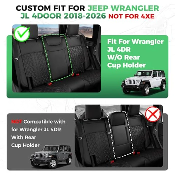 RIDEPOSH for Jeep Wrangler Seat Covers JL 4 DR Without Rear Cup Holder 2018 2019 2020 2021 2022 2023 2024 2025, Custom Fit Waterproof Leather Seat Protector,Black by RIDEPOSH - Image 2
