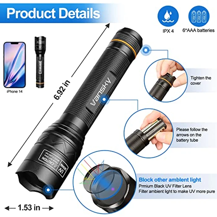 Vansky X7 Pro 365nm UV Light Blacklight Flashlights: LED Black Light Flashlite Professional Ultraviolet Flashlight Pet Urine Detector for Dog Cat, Resin Curing and Rock Hunting(Batteries are Included) by Vansky - Image 7