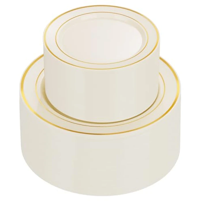 U-QE 100pcs Ivory Plastic Plates for Party - Ivory Gold Plastic Plates Disposable Heavy Duty - Include 50 10" Dinner and 50 7" Dessert Plate, Perfect for Party, Wedding by U-QE - Used - Like New condition