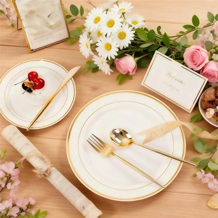 U-QE 100pcs Ivory Plastic Plates for Party - Ivory Gold Plastic Plates Disposable Heavy Duty - Include 50 10" Dinner and 50 7" Dessert Plate, Perfect for Party, Wedding by U-QE - Image 2