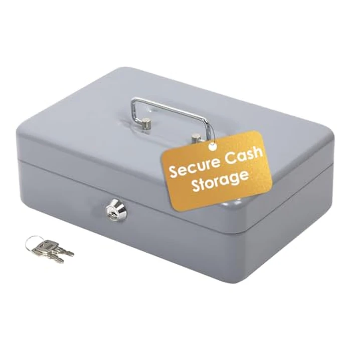 Desk Tech Heavy-Duty Metal Cash Box with Lock, 8-Slot Removable Tray, Portable Safe Box for Office Desk, School, Small Business, and Yard Sale, 9.8” L x 6.9” W x 3” H, Gray by OfficeWorks - Used - Acceptable condition