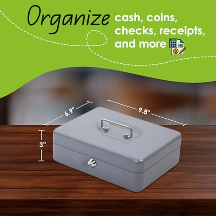Desk Tech Heavy-Duty Metal Cash Box with Lock, 8-Slot Removable Tray, Portable Safe Box for Office Desk, School, Small Business, and Yard Sale, 9.8” L x 6.9” W x 3” H, Gray by OfficeWorks - Image 2