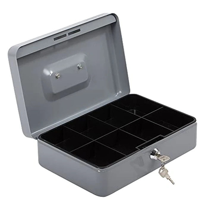 Desk Tech Heavy-Duty Metal Cash Box with Lock, 8-Slot Removable Tray, Portable Safe Box for Office Desk, School, Small Business, and Yard Sale, 9.8” L x 6.9” W x 3” H, Gray by OfficeWorks - Image 3