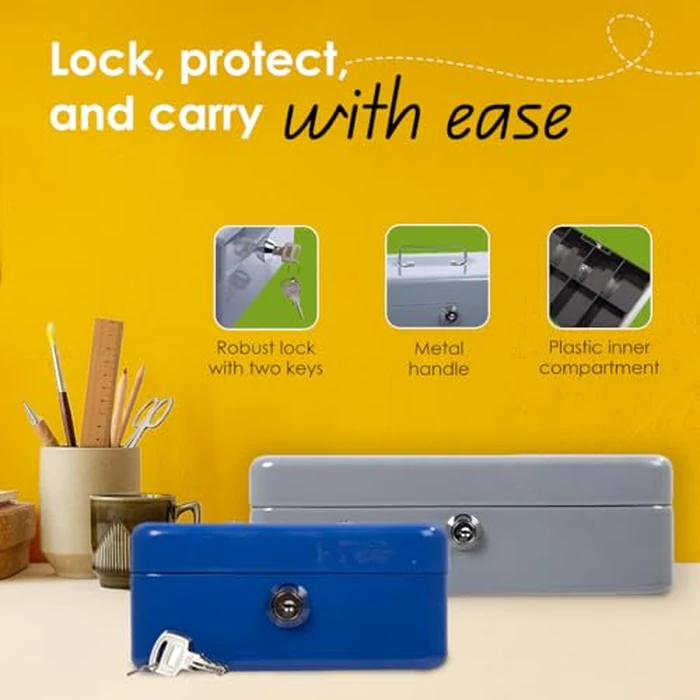 Desk Tech Heavy-Duty Metal Cash Box with Lock, 8-Slot Removable Tray, Portable Safe Box for Office Desk, School, Small Business, and Yard Sale, 9.8” L x 6.9” W x 3” H, Gray by OfficeWorks - Image 4