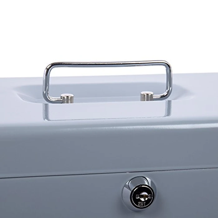 Desk Tech Heavy-Duty Metal Cash Box with Lock, 8-Slot Removable Tray, Portable Safe Box for Office Desk, School, Small Business, and Yard Sale, 9.8” L x 6.9” W x 3” H, Gray by OfficeWorks - Image 5