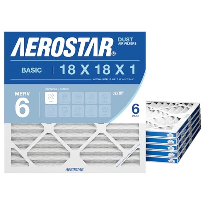 Aerostar 18x18x1 MERV 6 Air Filter, 6 Count, ACTUAL SIZE (17.50 x 17.50 x 0.75), HVAC, Air Conditioning & Furnace Filter for Dust, Lint & Pollen Control (MPR 300 / FPR 3), Made in USA by Aerostar - Image 1