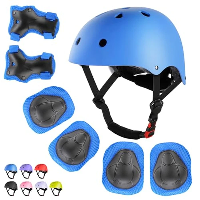 WayEee Kids Bike Helmet Set Skateboard Knee Pads, 7PCS Protective Gear Adjustable for Girls Boys 3-10 Age Elbow Pads Wrist Guards for Outdoor Sports Cycling Bike Roller Skating Scooter, Youth, Blue by WayEee - Image 1