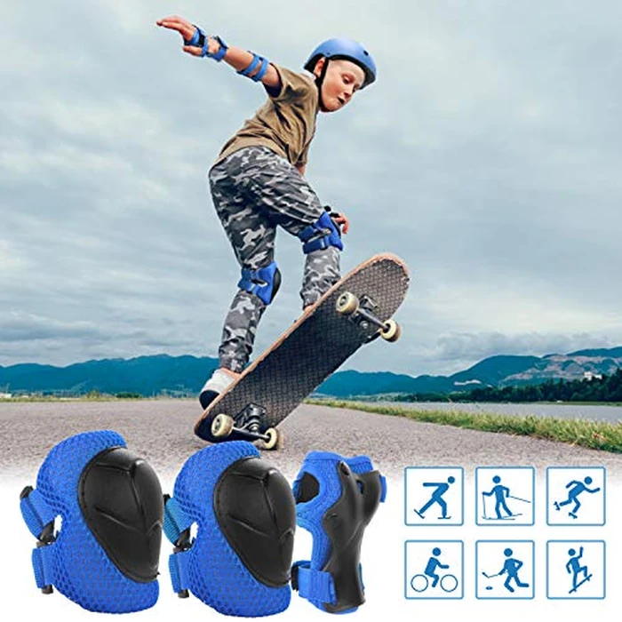 WayEee Kids Bike Helmet Set Skateboard Knee Pads, 7PCS Protective Gear Adjustable for Girls Boys 3-10 Age Elbow Pads Wrist Guards for Outdoor Sports Cycling Bike Roller Skating Scooter, Youth, Blue by WayEee - Image 2
