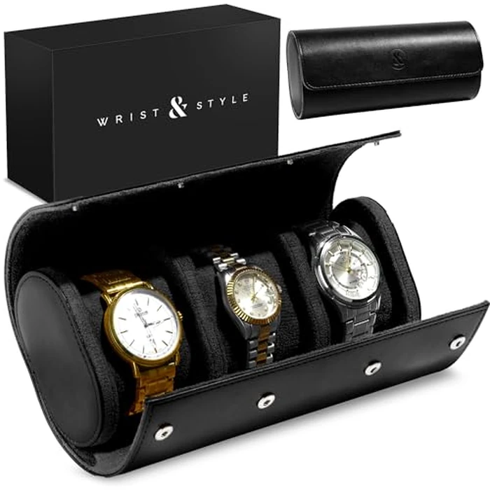 W&S Watch Roll Travel Case for Men and Women with 3 Watch Storage Organizer - Secure Storage with Innovative Removable Pillows & Solid Dividers for Home, Travel and Display (Black) by Wrist & Style - Image 1