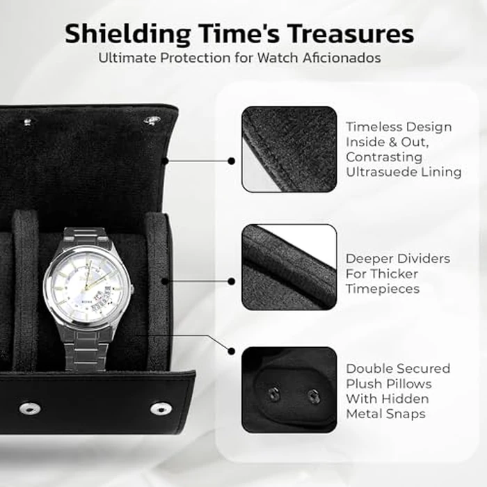 W&S Watch Roll Travel Case for Men and Women with 3 Watch Storage Organizer - Secure Storage with Innovative Removable Pillows & Solid Dividers for Home, Travel and Display (Black) by Wrist & Style - Image 5