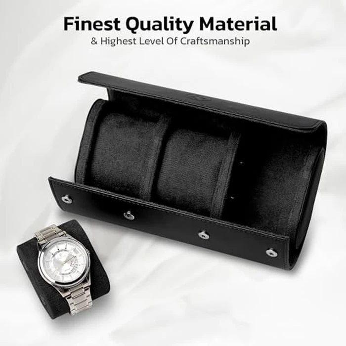 W&S Watch Roll Travel Case for Men and Women with 3 Watch Storage Organizer - Secure Storage with Innovative Removable Pillows & Solid Dividers for Home, Travel and Display (Black) by Wrist & Style - Image 9