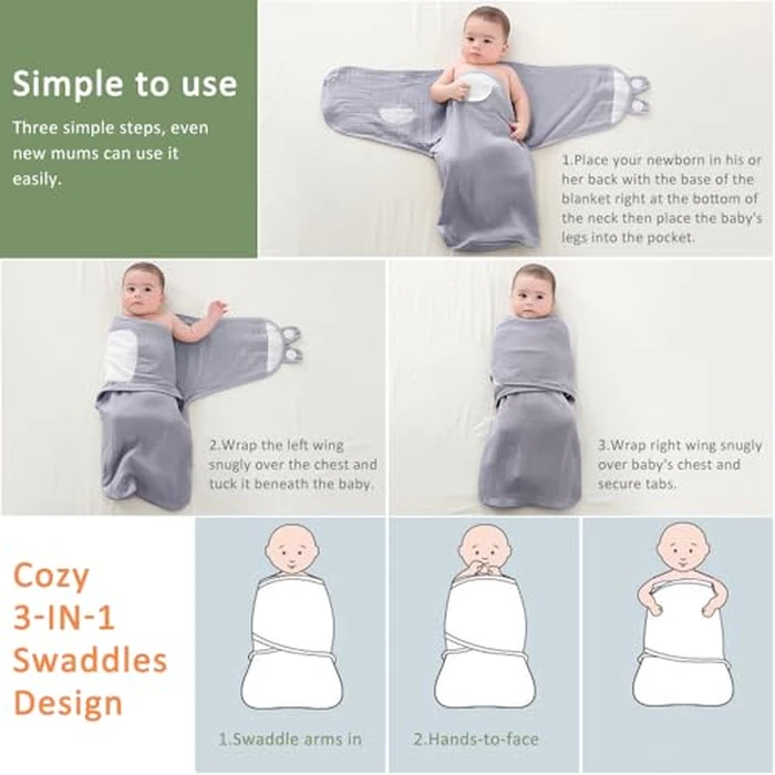 NARUTOO Baby Swaddle Wrap, Newborn Swaddle Blanket Wrap with Breathable Organic Cotton, Adjustable Swaddle Blanket, for 0-6 Months Baby (Grey, 3-6 Months) by GamaBunta - Image 6