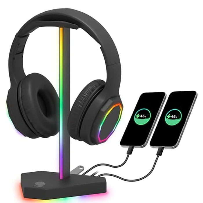 RGB Headphones Stand with 1 USB-C Data Transmission& 3 Type-C Charging Port, Desk Gaming Headset Holder with 7 Light Modes and Non-Slip Rubber Base (Black) by charlxee - Used - Very Good condition - US$7.99