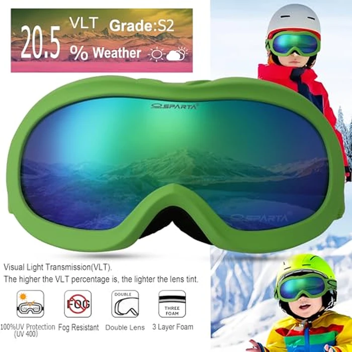 OUTDOORSPARTA Kids Ski Goggles - Helmet Compatible Ski Goggles for Boys & Girls (5. Green Frame, Full Lens Mirrored Green) by OUTDOORSPARTA - Image 2