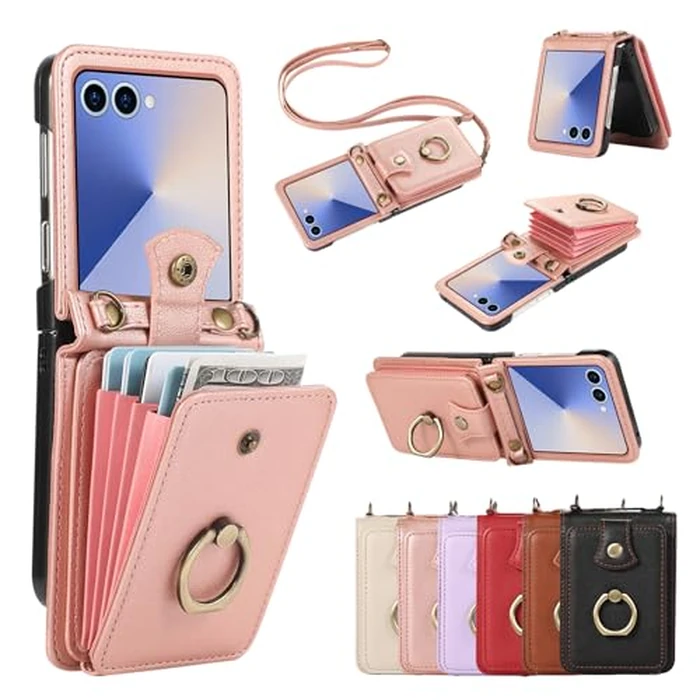 Phone Case for Samsung Galaxy Z Flip 7 5G 2025 Wallet Cell Cover with Crossbody Strap Ring Stand RFID Credit Card Holder Hinge Protection Cell Accessories ZFlip7 Z7 G Flip7 Women Girls Rose Gold by Asuwish - Used - Like New condition - US$16.54
