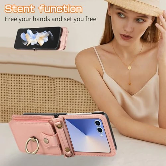 Phone Case for Samsung Galaxy Z Flip 7 5G 2025 Wallet Cell Cover with Crossbody Strap Ring Stand RFID Credit Card Holder Hinge Protection Cell Accessories ZFlip7 Z7 G Flip7 Women Girls Rose Gold by Asuwish - Image 2