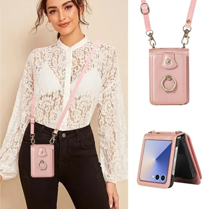 Phone Case for Samsung Galaxy Z Flip 7 5G 2025 Wallet Cell Cover with Crossbody Strap Ring Stand RFID Credit Card Holder Hinge Protection Cell Accessories ZFlip7 Z7 G Flip7 Women Girls Rose Gold by Asuwish - Image 5