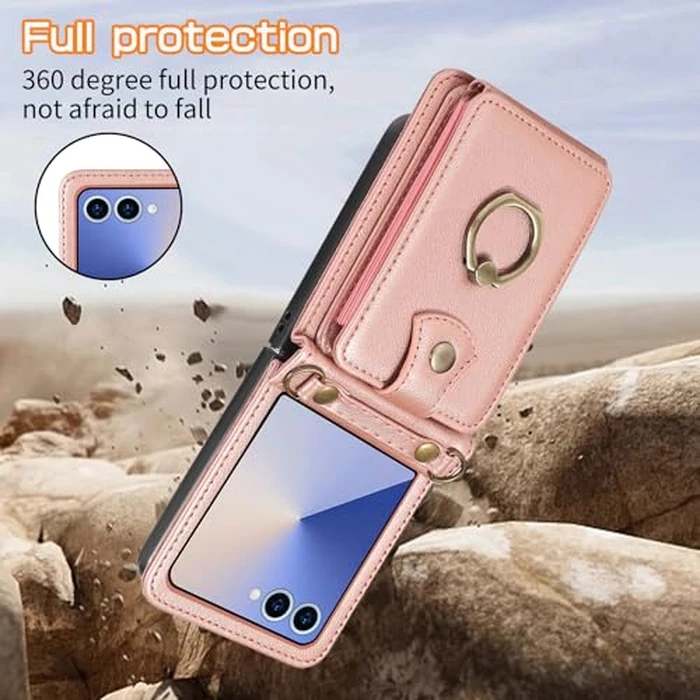 Phone Case for Samsung Galaxy Z Flip 7 5G 2025 Wallet Cell Cover with Crossbody Strap Ring Stand RFID Credit Card Holder Hinge Protection Cell Accessories ZFlip7 Z7 G Flip7 Women Girls Rose Gold by Asuwish - Image 6
