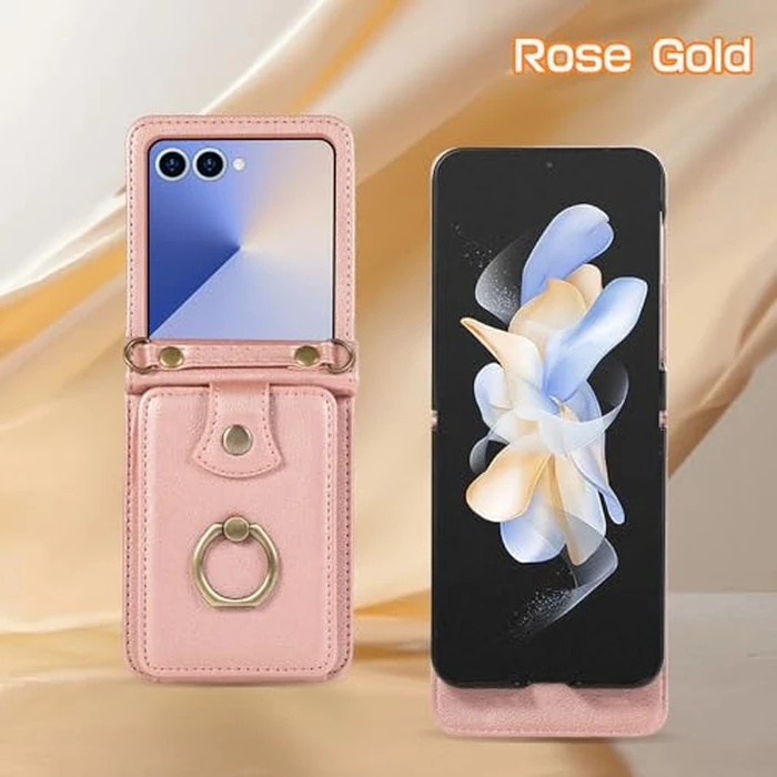 Phone Case for Samsung Galaxy Z Flip 7 5G 2025 Wallet Cell Cover with Crossbody Strap Ring Stand RFID Credit Card Holder Hinge Protection Cell Accessories ZFlip7 Z7 G Flip7 Women Girls Rose Gold by Asuwish - Image 7