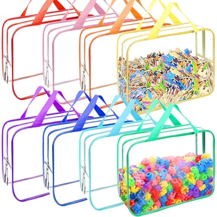 8 Packs 8 Colors Large Toy Storage Bags, Reusable Clear PVC Board Game Storage, Toy Organizers and Storage Bags with Zipper for Building Blocks, Puzzle and Handmade Accessories, Clear Toiletry Bag by YOPCDJ - Image 1