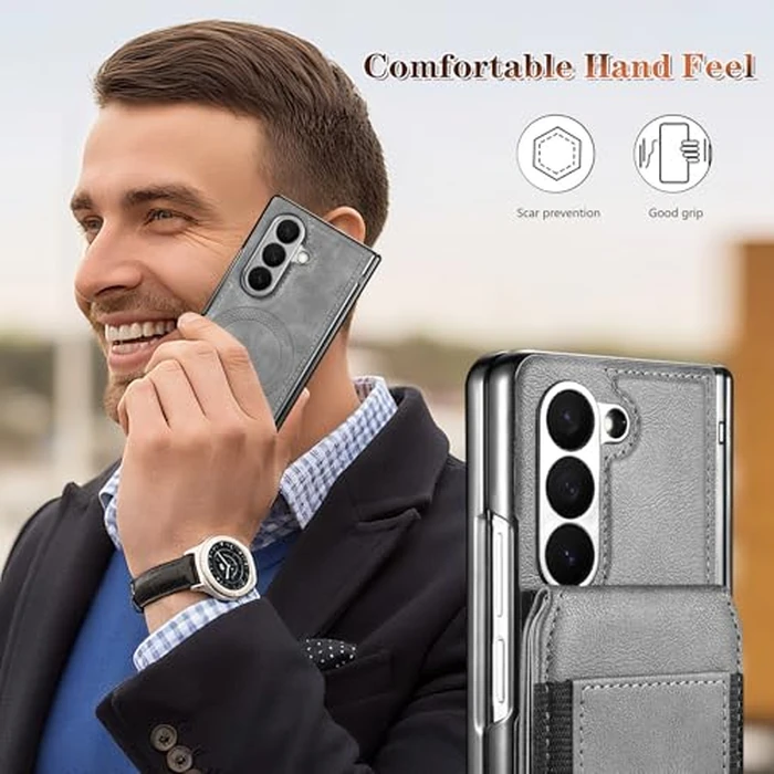 Fudley for Samsung Galaxy Z Fold 7 Case[Compatible with MagSafe] Built-in Screen Protector and Hinge Protection, Vintage Matte PU Leather with Magnetic Z Fold 7 Case Phone Cover Protective - Gray by Fudley - Image 4