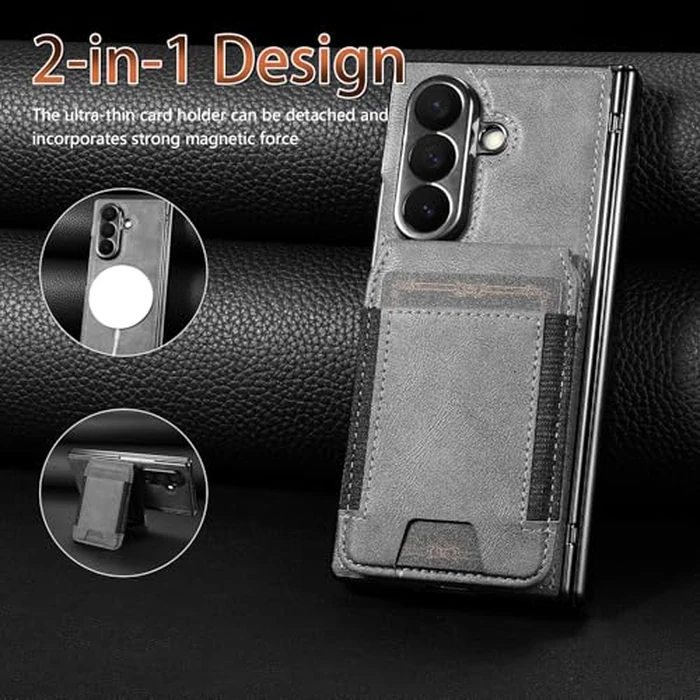 Fudley for Samsung Galaxy Z Fold 7 Case[Compatible with MagSafe] Built-in Screen Protector and Hinge Protection, Vintage Matte PU Leather with Magnetic Z Fold 7 Case Phone Cover Protective - Gray by Fudley - Image 6