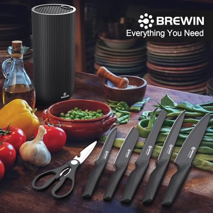 Knife Set, Brewin Kitchen Knife Set, Knives Set for Kitchen, Universal Knife Block, Utility Knife Block Set, New Home Essentials, Apartment Essentials, Dishwasher Safe by Brewin - Used - Very Good condition