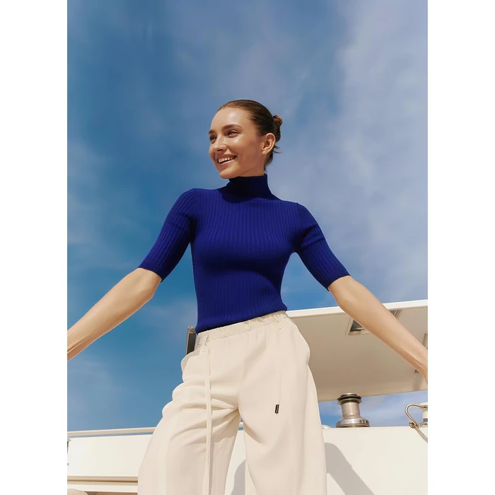 v28 Women Turtleneck 1/2 Half Sleeve Highly Stretchy Ribbed Knit Fitted Sweater(Blue S) by v28 - Image 1