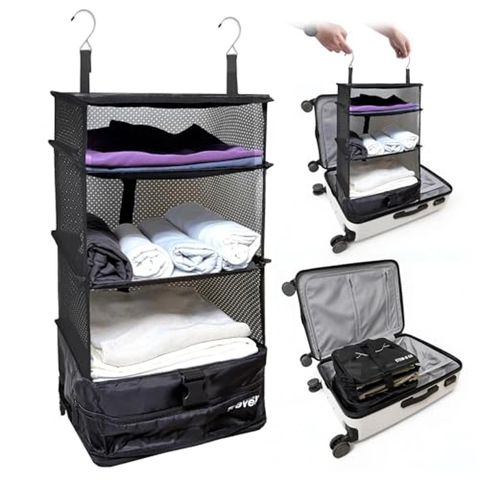 Grand Fusion Stow-N-Go Packing Organizer for Luggage, Portable Hanging Travel Shelves, Carry-On Closet, Hanging Packing Cubes, Collapsible Carry-On Organizer for Cruises & Hotels. Black - L by Grand Fusion - Used - Very Good condition - US$18.11