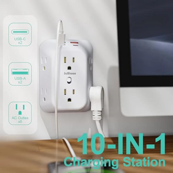 Multi Plug Socket, Surge Protector, 6-Port Extender with 4 USB Ports (2 USB A, 2 USB C), 4-Pack Power Board, Wall Plug Adapter Reserved for Home Travel and Office use by JcBlaon - Image 2