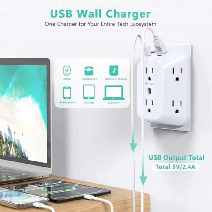 Multi Plug Socket, Surge Protector, 6-Port Extender with 4 USB Ports (2 USB A, 2 USB C), 4-Pack Power Board, Wall Plug Adapter Reserved for Home Travel and Office use by JcBlaon - Image 3