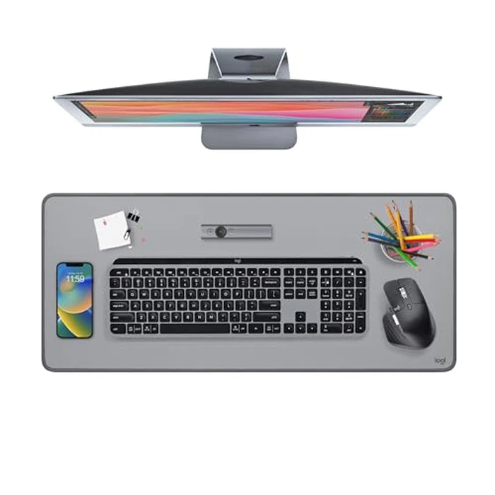 Logitech Desk Mat - Studio Series, Multifunctional Large Desk Pad, Extended Mouse Mat, Office Desk Protector with Anti-Slip Base, Spill-Resistant Durable Design, in Mid-Grey, 30L x 70W cm by Logitech - Used - Very Good condition