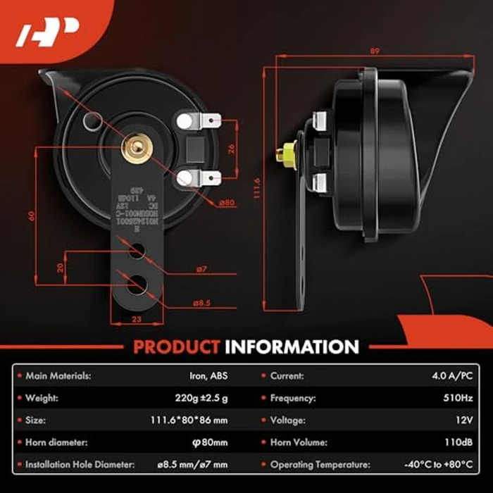 A-Premium Snail Horn High Universal Electric Horn - 12V 110dB - Compatible with most Passenger Cars, Commercial/Off-Road Vehicles, Gas Cars, Electric Cars, Motorcycles & Trucks, 80 mm by A-premium - Image 3