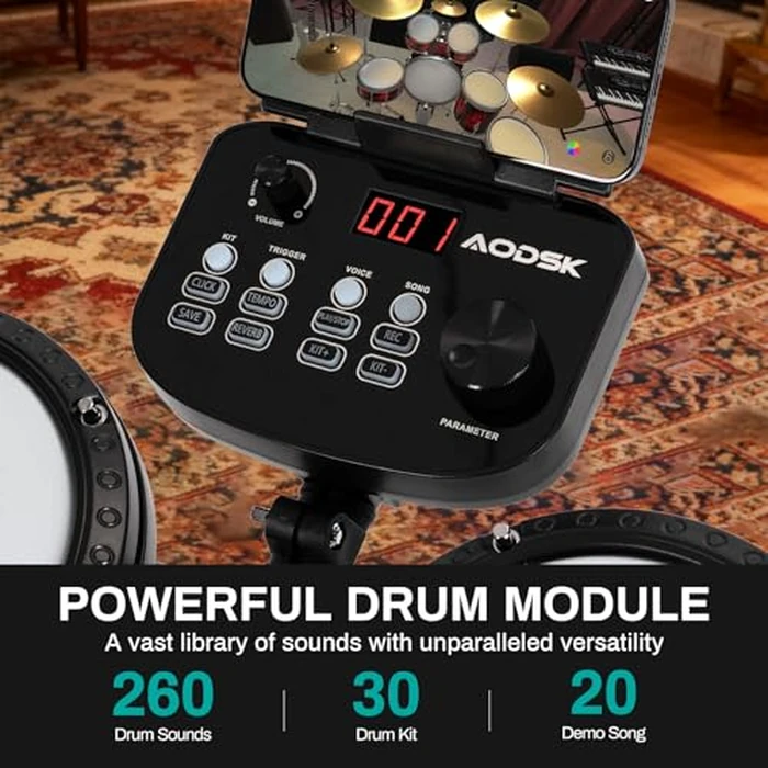 AODSK Electronic Drum Set, Professional Mesh Drum Pads, Upgraded Sound Module (260 sounds/30 Kits/20 Songs),Includes Sticks,Headphones,drum throne (2025 New Upgraded) by AODSK - Image 2