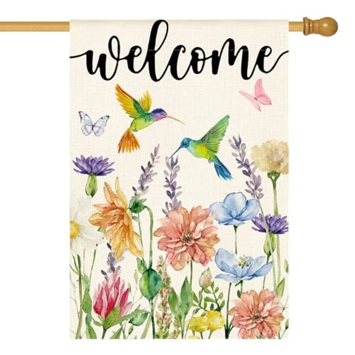 AVOIN colorlife Hummingbird Spring Flowers House Flag 28 x 40 Inch Double Sided, Seasonal Welcome Yard Outdoor Flag by AVOIN colorlife - Image 1