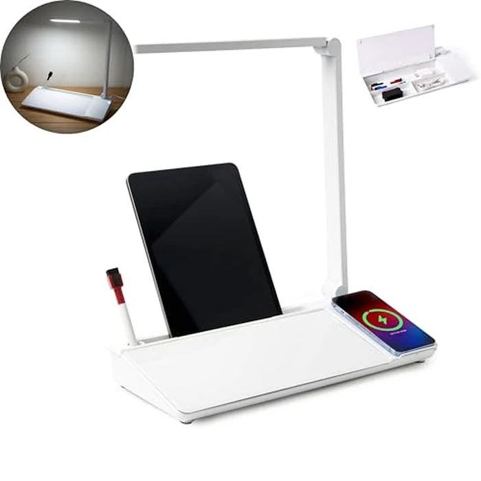 GAROOD Desktop Dry Erase Board with Storage Wireless Charger LED Lamp Desk White Board Desk Board Glass Board with Stand Home Office Organizer Phone Holder 15.8X7X2 inches by GAROOD - Image 1