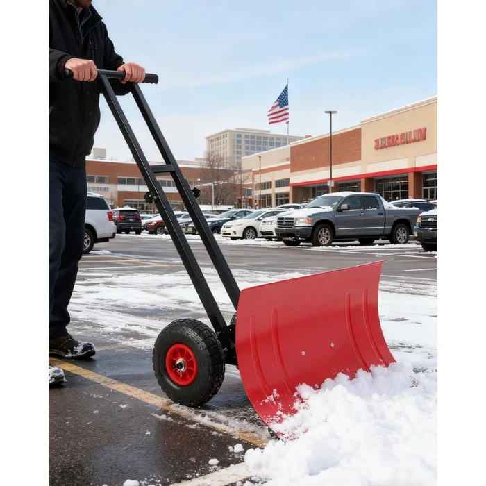 Wheeled Snow Plow Shovel, 14.2" H Heavy-Duty Steel Red Blade with Double Handle, 5 Angles, 2 Wheels, Back Saver Pusher for Snow Removal on Driveway, Sidewalks and Doorways by ExploreHorizon - Used - Very Good condition