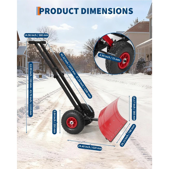 Wheeled Snow Plow Shovel, 14.2" H Heavy-Duty Steel Red Blade with Double Handle, 5 Angles, 2 Wheels, Back Saver Pusher for Snow Removal on Driveway, Sidewalks and Doorways by ExploreHorizon - Image 2