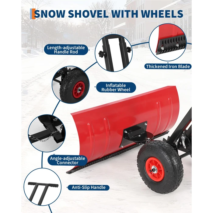 Wheeled Snow Plow Shovel, 14.2" H Heavy-Duty Steel Red Blade with Double Handle, 5 Angles, 2 Wheels, Back Saver Pusher for Snow Removal on Driveway, Sidewalks and Doorways by ExploreHorizon - Image 3