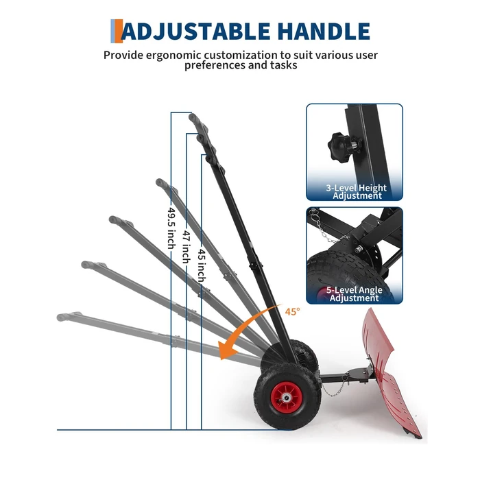 Wheeled Snow Plow Shovel, 14.2" H Heavy-Duty Steel Red Blade with Double Handle, 5 Angles, 2 Wheels, Back Saver Pusher for Snow Removal on Driveway, Sidewalks and Doorways by ExploreHorizon - Image 4