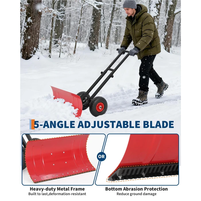 Wheeled Snow Plow Shovel, 14.2" H Heavy-Duty Steel Red Blade with Double Handle, 5 Angles, 2 Wheels, Back Saver Pusher for Snow Removal on Driveway, Sidewalks and Doorways by ExploreHorizon - Image 6