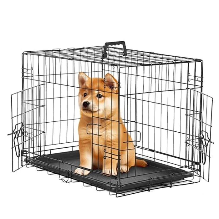 Simple Deluxe 24-Inch Small Dog Crate with Divider, Double Door Folding Metal Wire Cage with Leak-Proof Plastic Tray, Portable Pet Kennel for Indoor, Outdoor, and Travel by Simple Deluxe - Used - Acceptable condition - CA$32.96